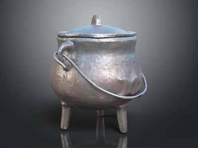 Traditional Metal Household Cooking Pot With Lid Handle And Three Legs 3d model