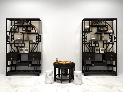 Traditional Black Antique Display Shelf With Decorative Items Marble Floor Small Table 3d model