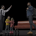Group Of People Including Woman Kids And Man Interacting Near Wooden Bench