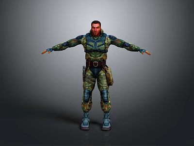 Man in tactical armor outfit with arms outstretched and blue boots against grey gradient background 3d model