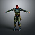 Man in tactical armor outfit with arms outstretched and blue boots against grey gradient background