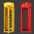 Classic Red And Yellow Telephone Booths With Glass Panels And Crown Logo