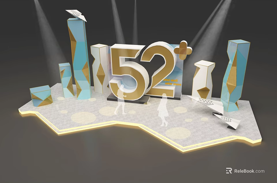 Stage Design With Number 52 Geometric Decorations Spotlights And Silhouettes 3d model 