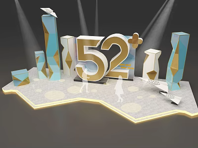 Stage Design With Number 52 Geometric Decorations Spotlights And Silhouettes 3d model