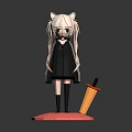 Woman with White Hair Cat Ears in Black Dress on Pink Base with Orange Sword