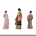 Three Women in Traditional Chinese Classical Costumes with Elegant Dresses and Headpieces