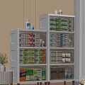 Household Supplies Organized in White Multi tier Storage Cabinets with Bottles and Boxed Items