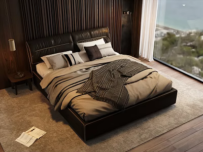 Modern Double Bed Bedroom Interior Design With Plush Pillows Blanket Leather Headboard And Seaside View 3d model