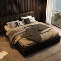 Modern Double Bed Bedroom Interior Design With Plush Pillows Blanket Leather Headboard And Seaside View