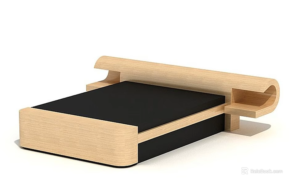 Modern Wooden Double Bed With Black Mattress Minimalist Headboard And Side Shelves 3d model 