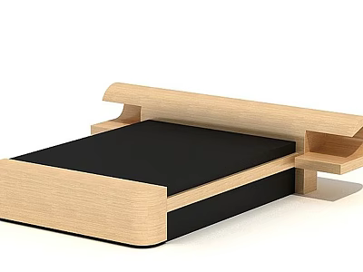 Modern Wooden Double Bed With Black Mattress Minimalist Headboard And Side Shelves 3d model