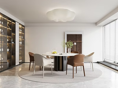 Elegant Modern Restaurant With Round Dining Table Chairs Wine Cabinet Ceiling Light And Window 3d model