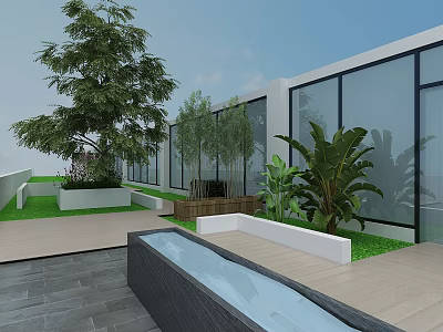 Modern Water Fountain Feature In Outdoor Terrace With Green Plants And Glass Building Design 3d model
