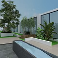 Modern Water Fountain Feature In Outdoor Terrace With Green Plants And Glass Building Design