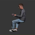 Man Sitting Using Smartphone Wearing Gray Sweater Light Blue Jeans White Shoes Against Gray Background
