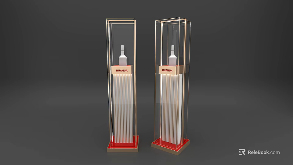 Transparent Vertical Display Cases With Shiraz Bottle Gold Frame And Red Base 3d model 