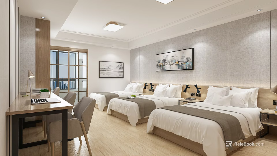 Cozy Hotel Room Interior With Twin Beds Wooden Desk And Wall Art Decorations 3d model 