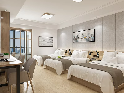 Cozy Hotel Room Interior With Twin Beds Wooden Desk And Wall Art Decorations 3d model
