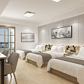 Cozy Hotel Room Interior With Twin Beds Wooden Desk And Wall Art Decorations