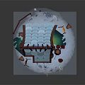 Cartoon Scene Featuring Red House Blue Tiled Roof Jagged Decorations Snowy Ground Yellow Play Furniture