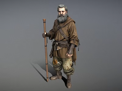 The Elderly Man With Gray Beard Wearing Brown Robe And Tattered Pants Holding Wooden Staff 3d model