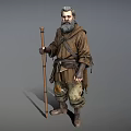 The Elderly Man With Gray Beard Wearing Brown Robe And Tattered Pants Holding Wooden Staff