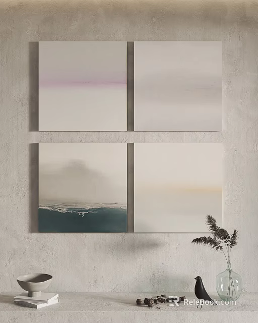 Four Abstract Wall Paintings With Soft Color Gradients And Ocean Wave Patterns 3d model