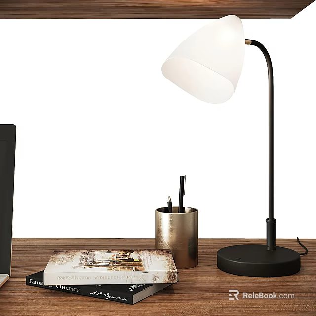 Modern Table Lamp with White Shade on Wooden Desk with Metal Pen Holder and Magazine 3d model 