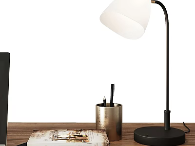 Modern Table Lamp with White Shade on Wooden Desk with Metal Pen Holder and Magazine 3d model