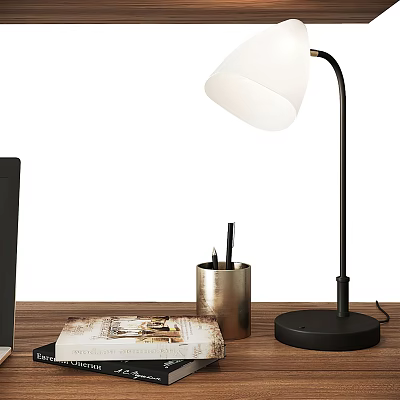 Modern Table Lamp with White Shade on Wooden Desk with Metal Pen Holder and Magazine 3d model