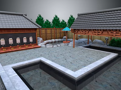 Traditional Courtyard Featuring Tile Roof Wooden Structure Stone Paved Ground Small Pond And Green Trees 3d model