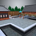 Traditional Courtyard Featuring Tile Roof Wooden Structure Stone Paved Ground Small Pond And Green Trees