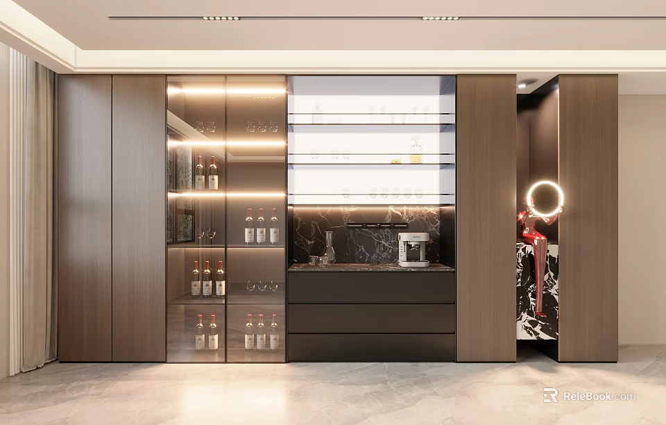Elegant Modern Wine Cabinet With Glass Doors Built-in Lighting And Wine Bottles 3d model 