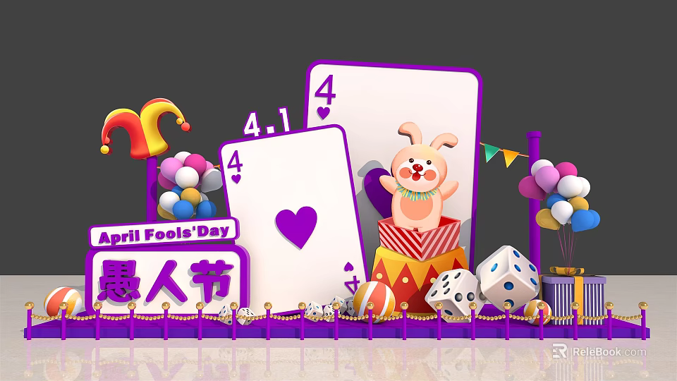 April Fool's Day Event Entrance With Playing Cards Rabbit Doll Balloons Gift Boxes And Dice 3d model 
