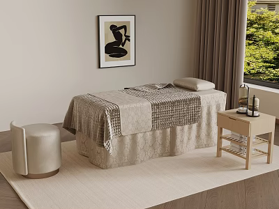 Serene Massage Room With Beige Bedspread Stool Side Table Candles And Wall Artwork 3d model