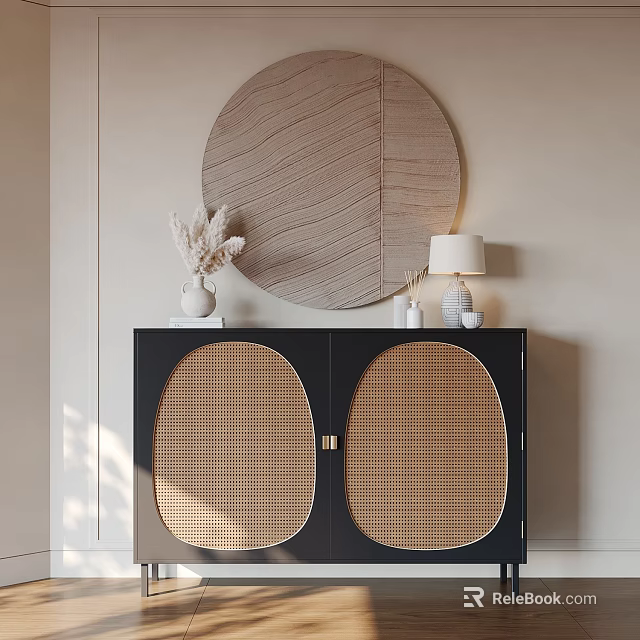 Entryway Side Cabinet With Black Frame Rattan Doors Round Mirror Table Lamp And Dried Flowers 3d model 