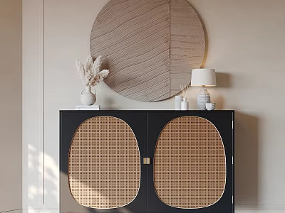 Entryway Side Cabinet With Black Frame Rattan Doors Round Mirror Table Lamp And Dried Flowers 3d model