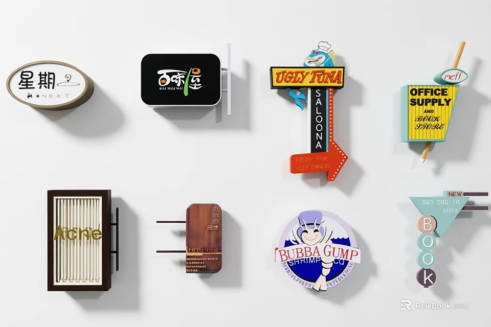 Assorted Decorative Ornament Set With Various Design Elements Like Signs Badges And Home Decor Pieces 3d model 