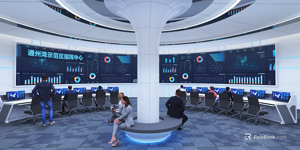Modern Demonstration Zone Command Center with Digital Screens Data Charts and People Working 3d model 