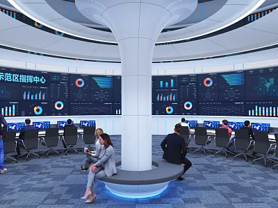 Modern Demonstration Zone Command Center with Digital Screens Data Charts and People Working 3d model