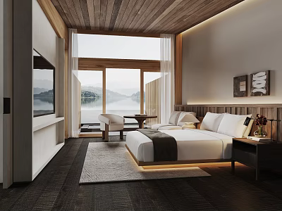 Modern Hotel Room with Lake View King Bed Wooden Ceiling and Floor to Ceiling Windows 3d model