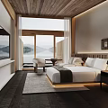 Modern Hotel Room with Lake View King Bed Wooden Ceiling and Floor to Ceiling Windows
