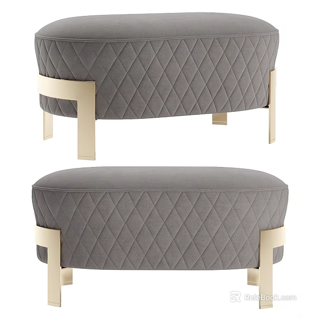 Elegant Modern Gray Quilted Diamond Pattern Ottoman With Gold Metal Legs 3d model