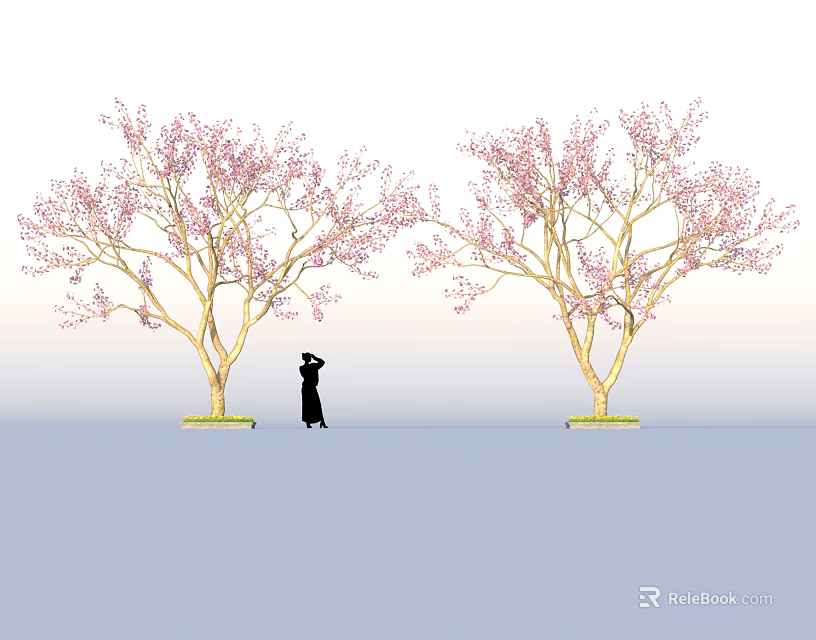 Delicious Fresh Food Display Under Pink Blossom Trees With Silhouette Figure 3d model 