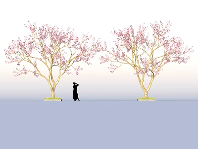 Delicious Fresh Food Display Under Pink Blossom Trees With Silhouette Figure 3d model
