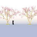 Delicious Fresh Food Display Under Pink Blossom Trees With Silhouette Figure