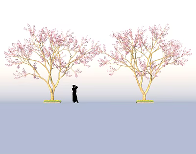 Delicious Fresh Food Display Under Pink Blossom Trees With Silhouette Figure 3d model
