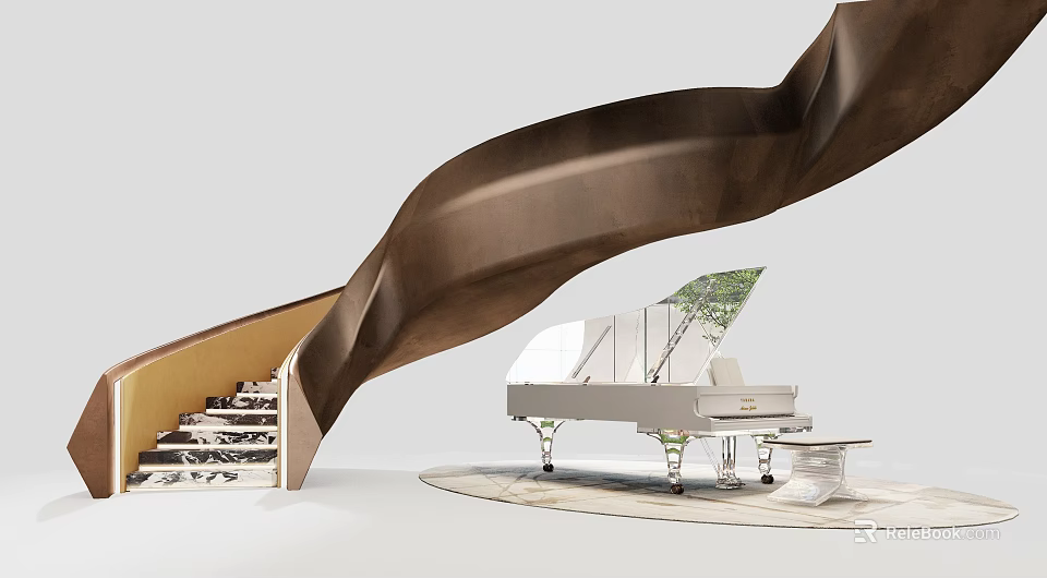 Modern Curved Staircase Design With Bronze Railing And White Piano 3d model 