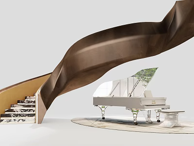Modern Curved Staircase Design With Bronze Railing And White Piano 3d model