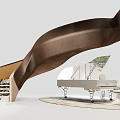 Modern Curved Staircase Design With Bronze Railing And White Piano